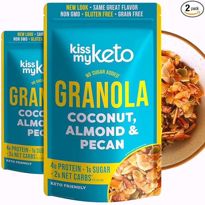 Kiss My Keto Sugar Free Granola, Coconut Almond Pecan 2-Pack – Curb Cravings with Few Net Carbs – Allulose Sweetened, Resealable & Gluten-Free Crunchy Clusters – Grain Free Granola Great With Yogurt or Milk