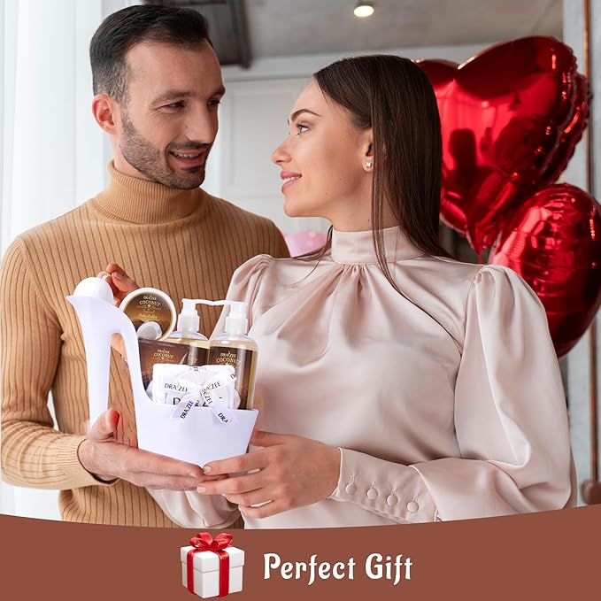 Draizee Luxury Spa Gifts for Women – 8 Pc Coconut Bath & Body Set with Bubble Bath, Lotion, Body Butter & More – Self Care Gift Basket for Wife, Mom, Girlfriend