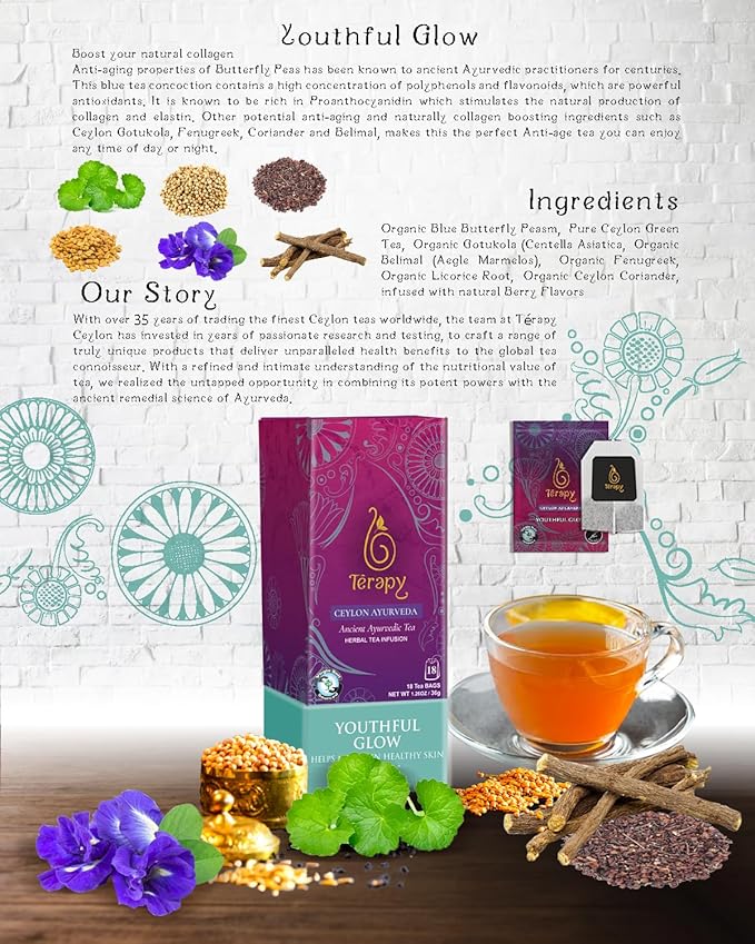 Tรฉrapy Ceylon Youthful Glow Herbal Tea Bags | Helps Maintain Healthy Skin and Hair | 100% Natural Blue Butterfly Peas, Licorice Root, Green Tea & More | Individually Wrapped Organic Tea Bags |18 Count