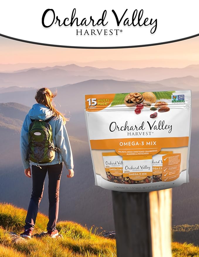 Orchard Valley Harvest Omega-3 Mix, 1 Ounce Bags (Pack of 15), Walnuts, Cranberries, Almonds, and Pistachios, Gluten Free, Non-GMO, No Artificial Ingredients, Healthy Snacks for Adults