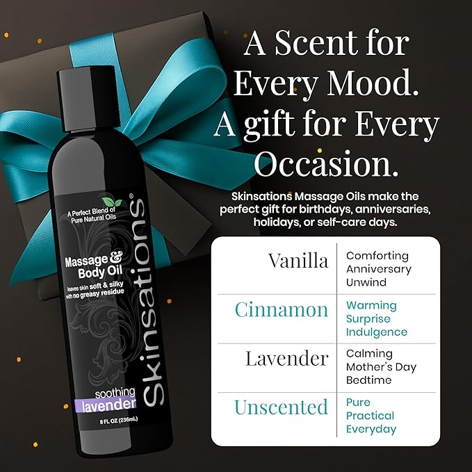 Skinsations - Lavender Massage Oil for Massage Therapy - 16oz | Body Oil for Stress Relief, Relaxation & Aromatherapy | Sweet Almond, Jojoba, Coconut & Grapeseed Oils