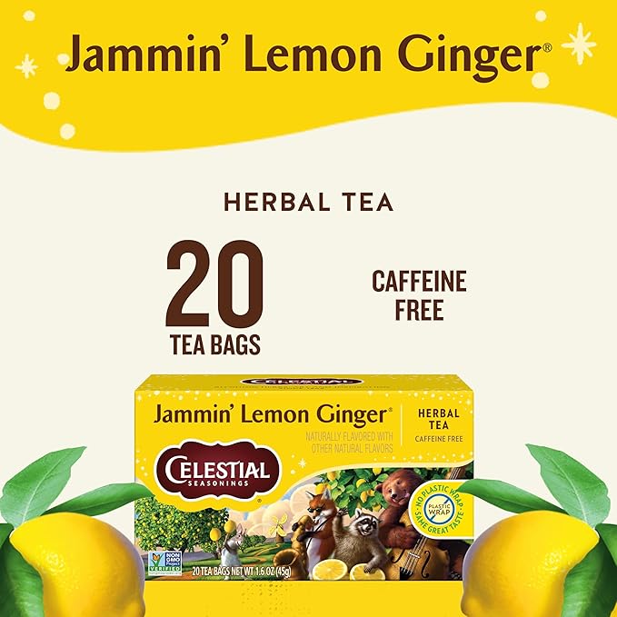 Celestial Seasonings Jammin' Lemon Ginger Herbal Tea, Caffeine Free, 20 Tea Bags Box (Pack of 6)