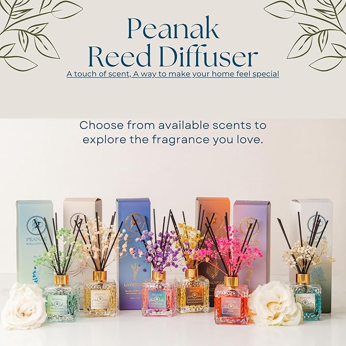 Reed Diffuser Set - Eucalyptus Mint Oil, Oil Diffuser Sticks, Bathroom Diffuser, Bathroom Decor, 200ml with Preserved Flowers - PEANÄK