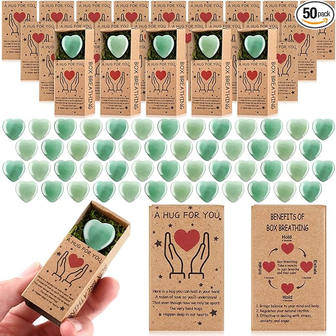 Landical 50 Sets Pocket Hug Token Gifts Small Crystal Heart Stones Bulk with Boxes Mini Heart Shape Natural Stones for Colleagues Family Distance Social Celebration of Life Gifts(Green)