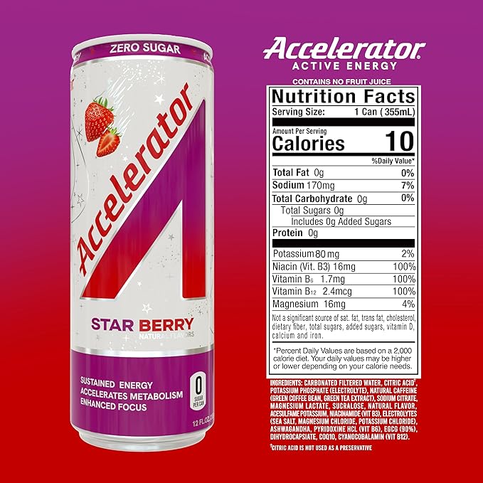 Accelerator Energy Drink Sugar Free, Star Berry 12oz can(12 pack)Zero Sugar Energy Drinks with Sustained Energy from 100% Natural Caffeine (200mg) & Green Tea extract