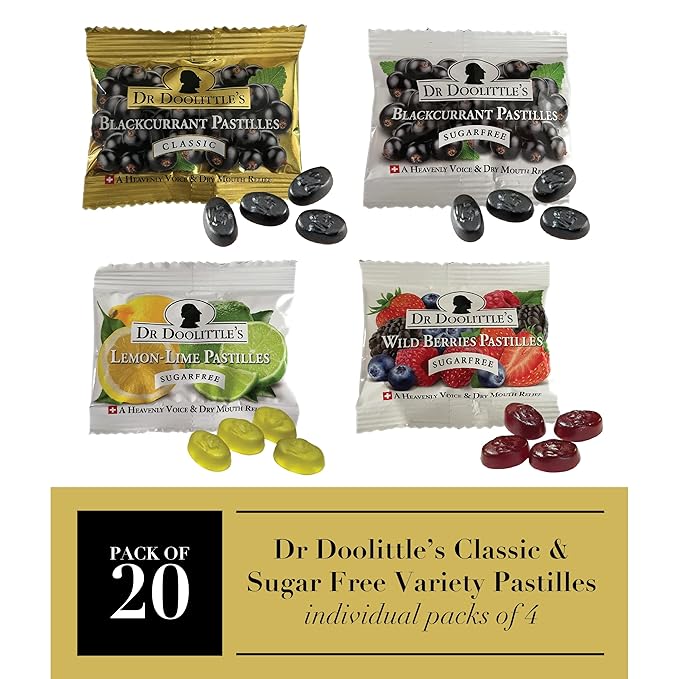 Dr. Doolittle’s Soft Fruit Pastilles Sugar Free and Classic Variety Pack for Voice and Throat, Travel Size Bag, approximately 4 Count Package, 20 Pack