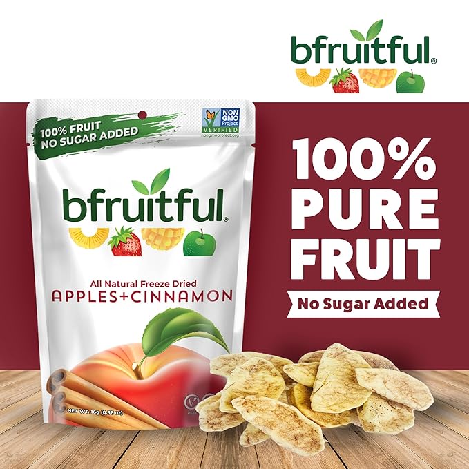 bfruitful Freeze-Dried Apple + Cinnamon, Freeze Dried Fresh Fruit Bites, Gluten Free, Vegan, Dairy Free, Kosher, No Sugar Added, Non GMO, Healthy Snacks, 0.56 oz Single-Serve Snack Packets, 12 Pack