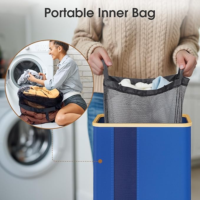 Laundry Basket Clothes Hamper with Lid and Pocket Large Collapsible Laundry Baskets with Handle, Blue Freestanding Hampers for Bedroom Aesthetic, Dorm, Bathroom, Laundry Room (80L)