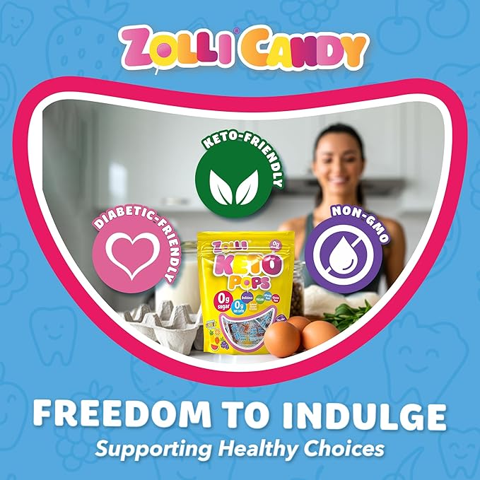 Zolli KETO Pops Sugar Free Lollipop Candy, Vegan, Gluten-Free, Diabetic-Friendly, 5.2oz Resealable Pouch