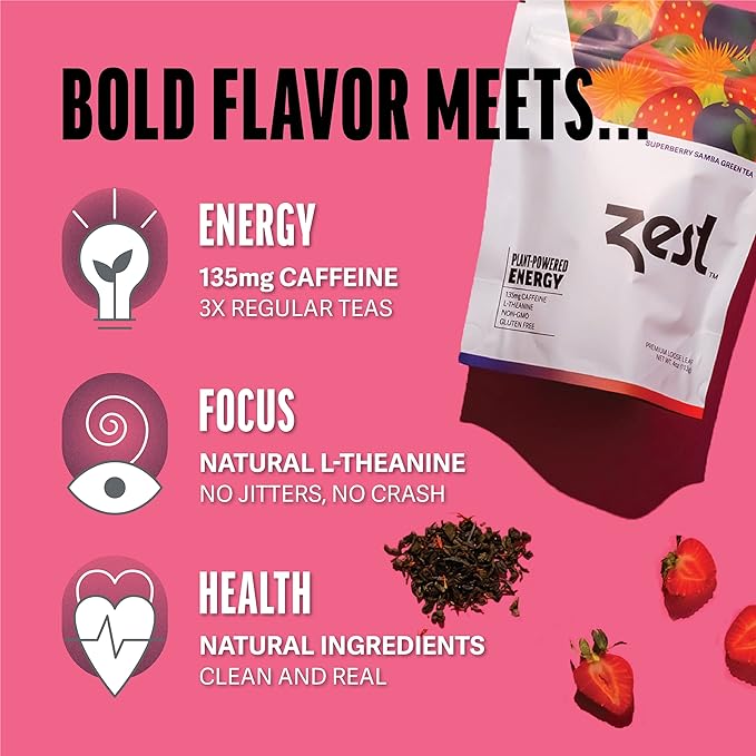 Zest Energy Green Tea - Superberry Samba Loose Leaf - High Caffeine Strawberry & Passion Fruit - Caffeinated Coffee Altnernative with Antioxidants - Natural, Non-GMO & Keto - 50 Servings - 135mg Caf