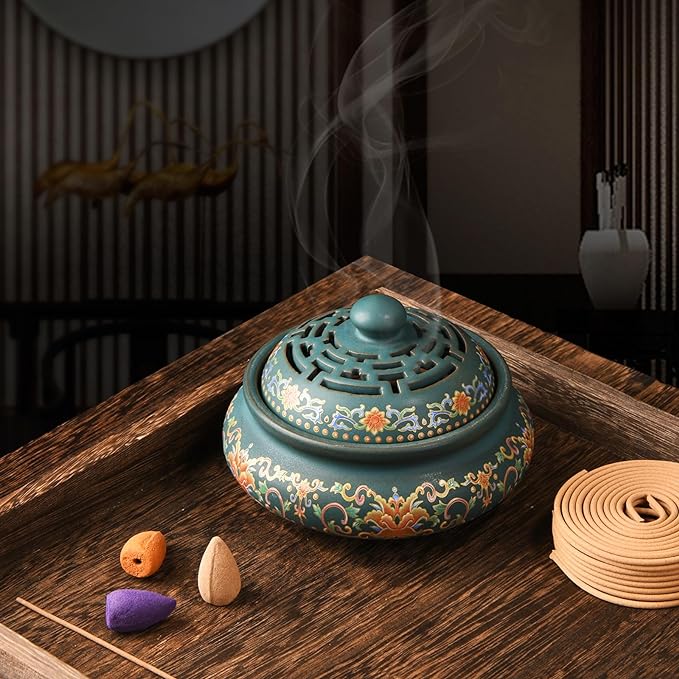 Ceramic Incense Burner with Incense Holder+ Fireproof Cotton,Handmade Smudging Burn Bowl for Stick or Coil Incense,Sage Cones,Frankincense and Mosquito Incense (Enamel)