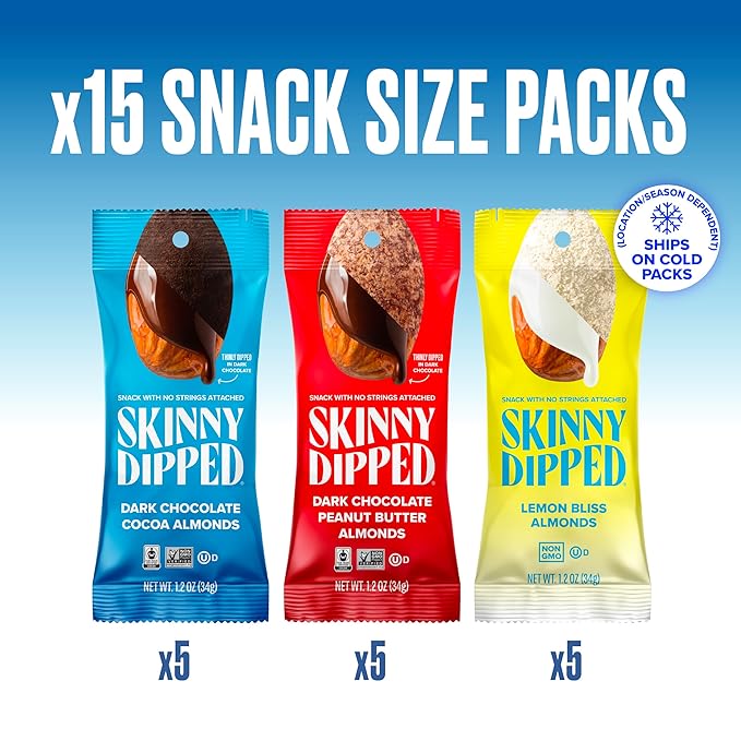 SkinnyDipped Snack Attack Almond Variety Pack, Chocolate Covered Almonds, Low Sugar, Gluten Free, Healthy Snack, 1.2 Ounce Bags (Pack of 15)