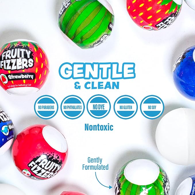 Tub Works® Fruity Fizzers™ Bubbling Bath Bombs for Kids, Variety 12 Pack | Dye-Free & Naturally-Derived | Gentle Kids Bath Bombs for Fizzy, Fruity, Bubbly Fun | Toddler BathBombs with Fruit Extracts