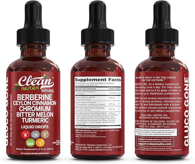 Clean Nutra Berberine with Ceylon Cinnamon Supplement Liquid Drops + Bitter Melon Extract, Glucomannan, Gymnema, Chromium, Turmeric, Organic Panax Ginseng, Moringa GLP-1 Support