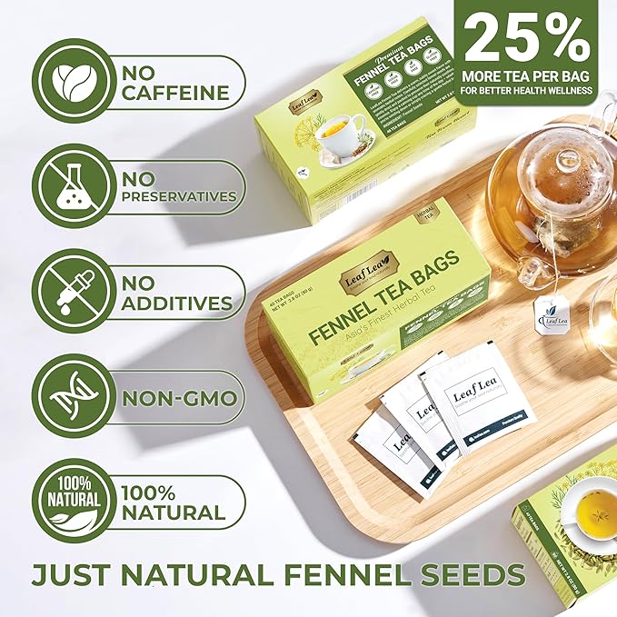 LeafLea 80 Premium Fennel Tea Bags, Pure Dried Fennel Seed Tea, Daily Ease & Balance, Naturally Sweet Taste, Caffeine-Free, Sugar-Free, Non-GMO, Vegan, Individually Wrapped