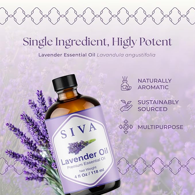 SIVA Lavender Essential Oil - 4 Fl Oz – Natural Lavender Oil - for Diffuser, Face, Skin Care, Aromatherapy, Hair Care, Scalp and Body Massage - with Dropper