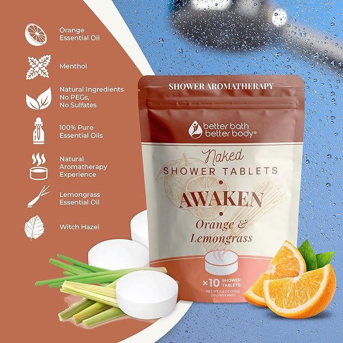 New Awaken Shower Tablets (10 Tabs) Made with Natural Ingredients Scented with Orange and Lemongrass Pure Essential Oils Made in USA