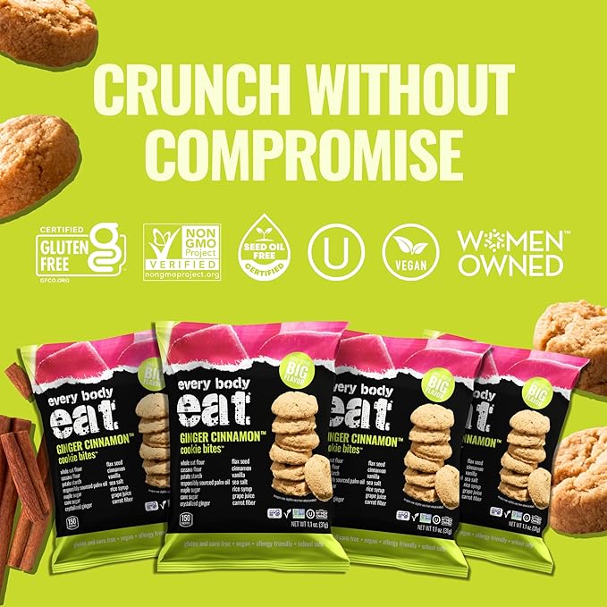 Every Body Eat Crunchy Cookie Bites, Gluten & Dairy Free, Vegan, School Safe Lunch Snacks, Single Serve (Pack of 20) (Ginger Cinnamon)