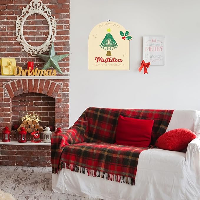 Sereliy Baby's First Christmas DIY Footprint Art Card, Wooden Christmas Tree Sign Keepsake Ornaments for Baby Shower Newborn Photoshoot Prop (Tree)