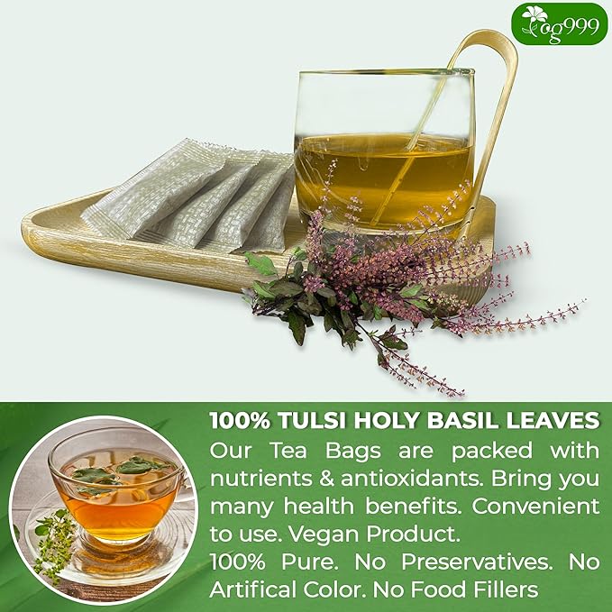 TOG999, Premium 120 Holy Basil Leaf Tea Bags, 100% Natural & Pure, Loose Leaf Herbal Tea. Holy Basil Leaf Tea. No Sugar, No Caffeine, No Gluten, Vegan.