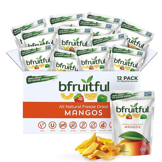bfruitful Freeze-Dried Mango, Freeze Dried Fresh Fruit Bites, Gluten Free, Vegan, Dairy Free, Kosher, No Sugar Added, Non GMO, Healthy Snacks for Kids or Adults, 0.56 oz Single-Serve Snack Packets, 12 Pack