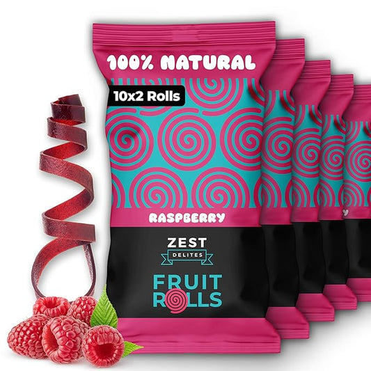 Fruit Rolls by Zest Delites, 100% Natural Healthy Fruit Snacks for Kids & Adults, Made from Real Raspberry Leather, Vegan, School Lunch Snack, A Twist on Raspberry Strips, 10 Packs