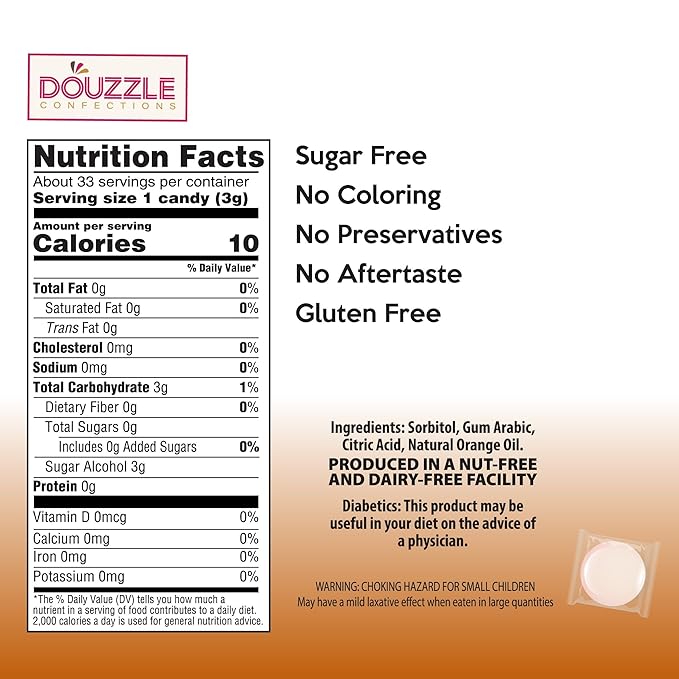DOUzzle Sugar Free Orange Hard Candy Drops, Dye Free (1 Pack) Individually Wrapped - Healthy Low Calorie Snack, Gluten Free, All Natural, No Preservatives, No Aftertaste - Kosher Parve