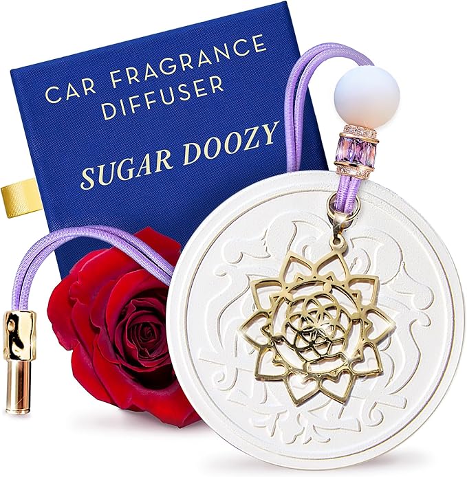 Luxury Car Air Freshener for Women - Refillable & Portable Essential Oil Fragrance Diffuser - Cute Car Accessories & Interior Decor - Mirror Hanging or Vent Clips - Mandala Gold Charm, Rose Scent