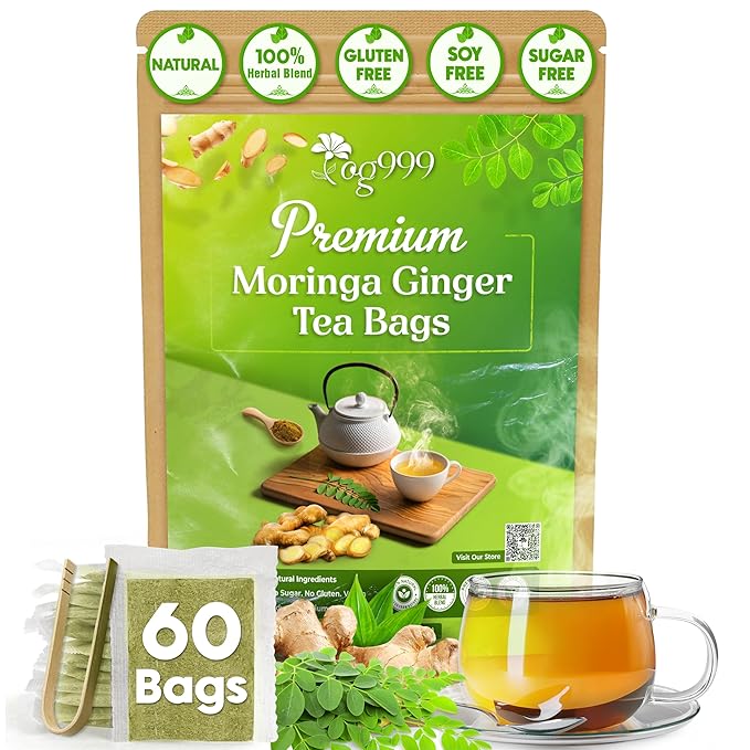 TOG999, Permium Moringa Ginger Herbal Tea β 60 Tea Bags β Caffeine-Free, Smooth & Warming Blend β Pure Ingredients, Sustainably Sourced. No Sugar. No Gluten. Vegan.