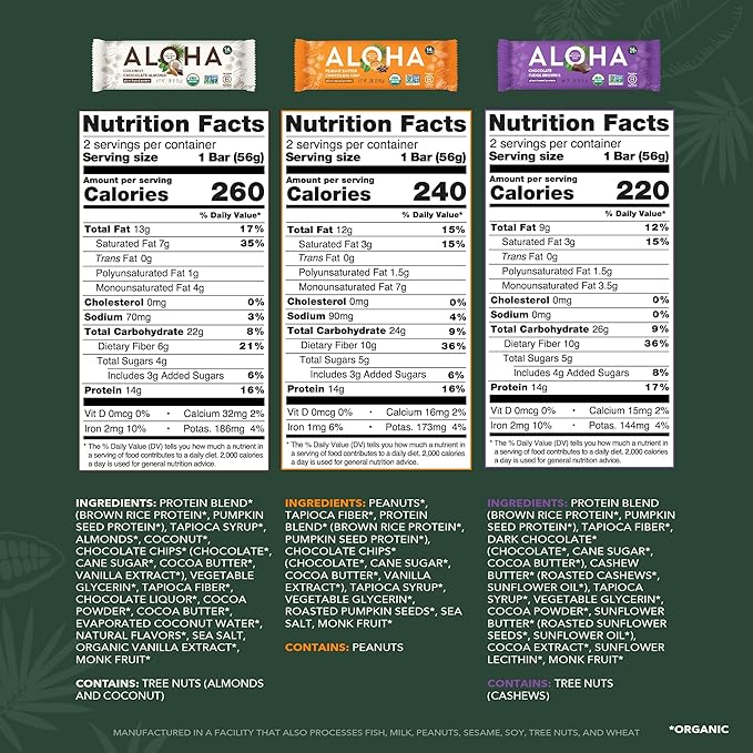 ALOHA Organic Plant Based Protein Bars - 6 Flavor Variety Pack - 12 Count, 1.9oz Bars - Vegan Snacks, Low Sugar, Gluten-Free, Low Carb, Paleo, Non-GMO, Stevia-Free, No Sugar Alcohol Sweeteners