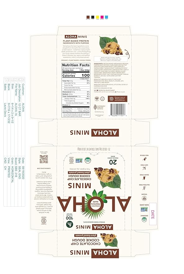 ALOHA Organic Plant Based Protein Bar MINIS |Chocolate Chip Cookie Dough| 20 Count, 24g Bars | Vegan, Low Sugar, Gluten Free, Paleo, Low Carb, Non-GMO, Stevia Free, Soy Free, No Sugar Alcohols