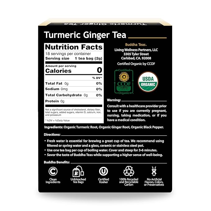 Buddha Teas Organic Turmeric Ginger Tea - OU Kosher, USDA Organic, CCOF Organic, 18 Bleach-Free Tea Bags