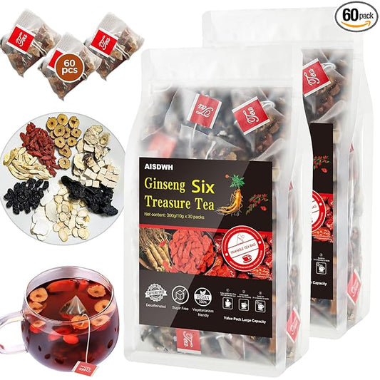 AISDWH Ginseng Tea Bags, 60 Count - 9 Herb Blend with Pure Chinese Ginseng - Herbal Tea for Energy, Vitality & Wellness Support - Kidney Cleansing Support - Caffeine-Free Daily Tea for Men & Women