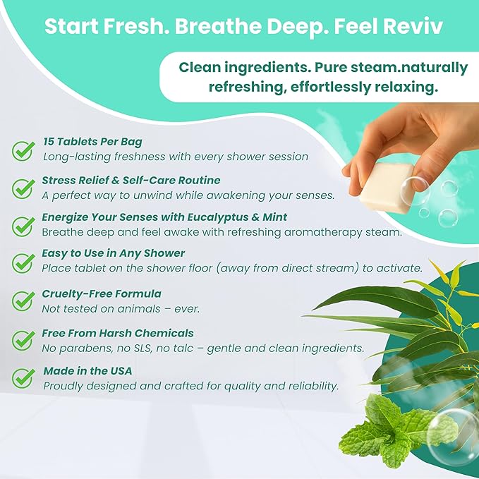 REVIV Shower Steamers Aromatherapy – 15 Long-Lasting Eucalyptus & Mint Shower Bombs for Stress Relief and Sinus Support – Self Care Spa Gifts for Women & Men – Christmas Stocking Stuffer