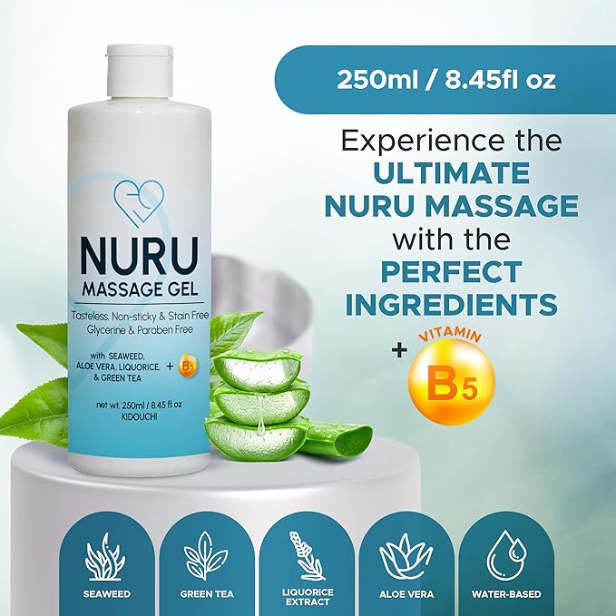 Nuru Massage Gel (8.45 fl oz) | Water-Based | Paraben & Glycerine Free | Formulated with Natural Seaweed, Green Tea, Liquorice Extract, Vitamin B5, & Organic Aloe Vera
