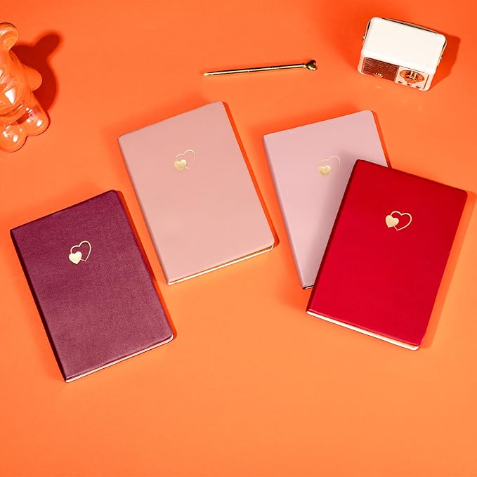 CAGIE 4 Pack Lined Journal Notebook for Women and Girls 256 Pages Cute Diary with Heart-Shaped Leather Journals for Writing A5 Soft Cover Notebooks for Work School, Red