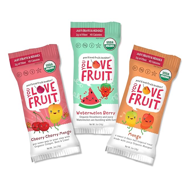 YOU LOVE FRUIT - Fruit Snacks Variety Pack 30 count, 100% Natural Gluten-Free, Vegan, Low Carb, Low Fat Fruit Kosher Snacks for Kids, College Students, Teachers and Offices, Healthy Fruit Snacks (Cherry, Watermelon, Mango)