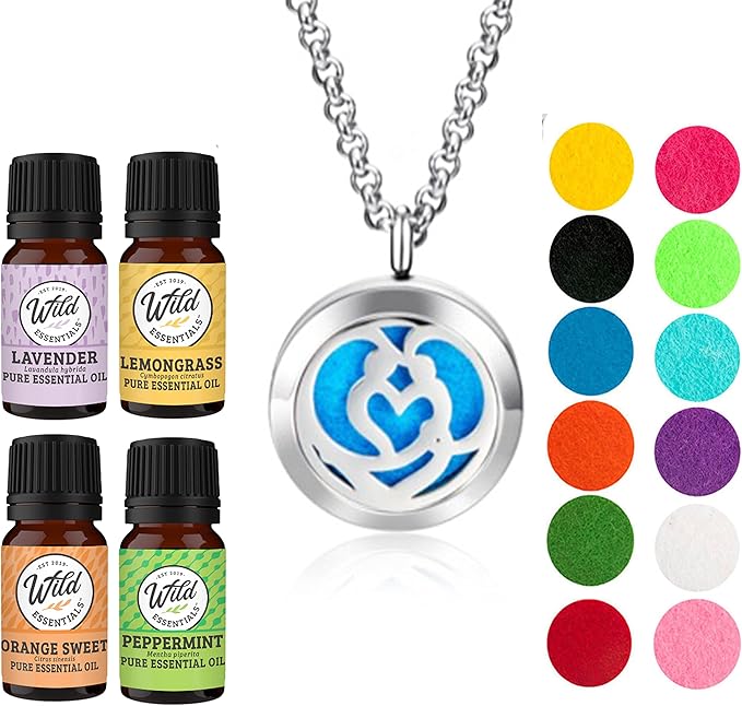 Wild Essentials Couple’s Heart Necklace Essential Oil Diffuser Kit, Lavender, Lemongrass, Peppermint, Orange Oils, 12 Refill Pads, Calming Aromatherapy Gift Set, Customizable Color Changing, Perfume