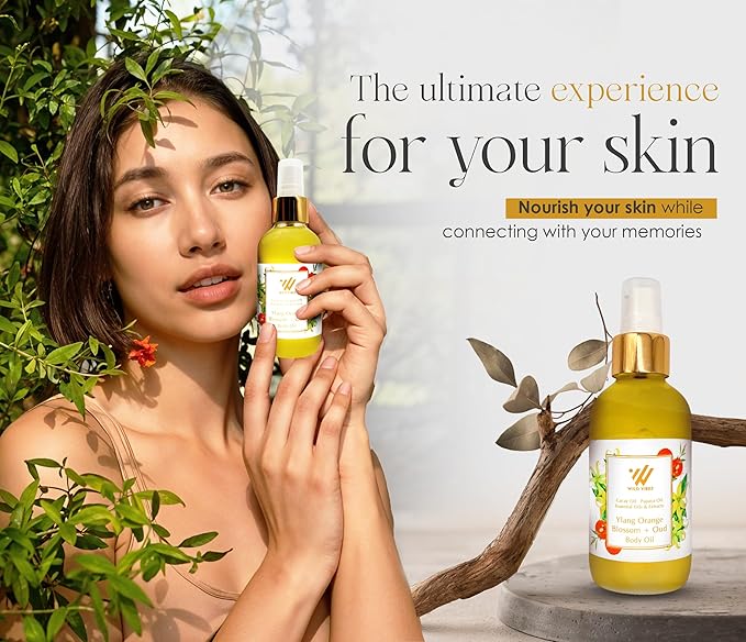 Wild Vibes Ylang Orange Blossom + Oud Luxury Body Oil – Organic with Tropical Oils for Hydrated, Youthful Skin – Anti-Aging, Collagen-Boosting After Shower for Women – 4 oz