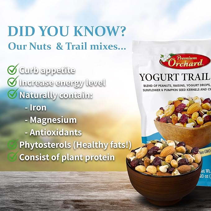 YOGURT TRAIL MIX BY PREMIUM ORCHARD - Seeds, Yogurt, Fruit and Nuts Mix - Trail Mix Bulk Blend of Mixed Nuts & Dried Fruit - Healthy Snacks, High Plant Protein, Non-GMO, 20z
