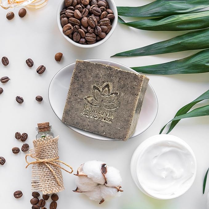 100% Handmade Coffee Scrub Soap Bar with Fresh Ground Coffee and Cocoa Butter - Cold Process Soap with Latte Aroma Oil - Good Scrubbing Effect - Perfect for Body Exfoliating and Moisturizing (3 bars)