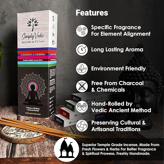Simply Vedic Premium Incense Sticks Set of 5 Elements Earth, Water, Air, Fire, Space 2 Celestial Bodies Sun & Moon| 140 Natural Agarbatti with Burner| for Home Pooja, Meditation, Yoga, Aromatherapy