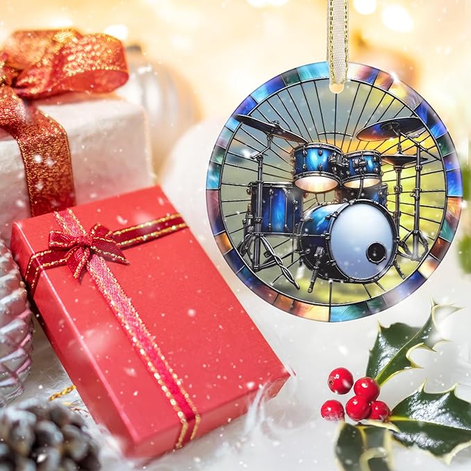 Christmas Ornament - Drum Set Decor Round Ceramic Hanging Ornament - Christmas Tree Decor - Gifts for Drum Players - Themed Ornaments