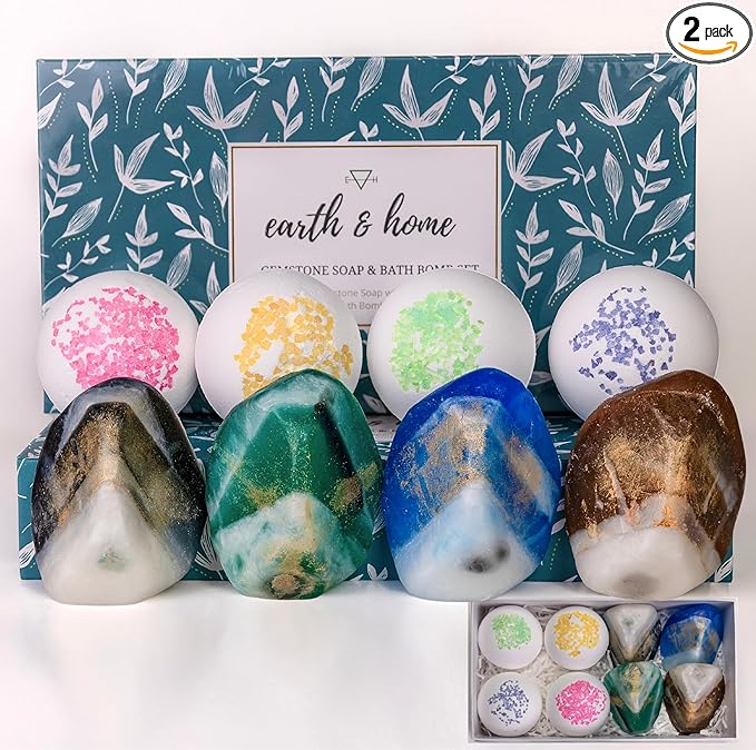 Gemstone Soap & Bath Bomb Set- Relaxing Spa Gift for women- Mothers day gift set- 4 Decorative scented Rock Soap with Crystals and 4 Fizzy Bath Bomb- with Natural Ingredients & Essential Oil