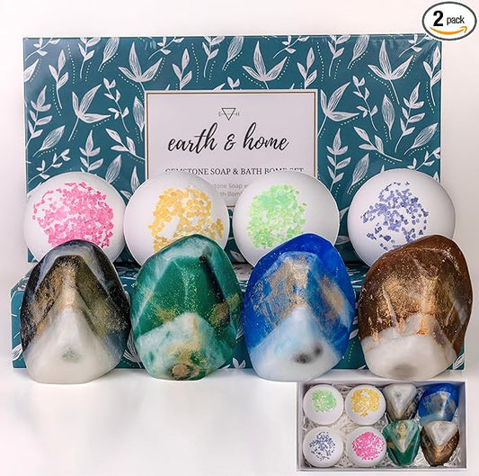 Gemstone Soap & Bath Bomb Set- Relaxing Spa Gift for women- Mothers day gift set- 4 Decorative scented Rock Soap with Crystals and 4 Fizzy Bath Bomb- with Natural Ingredients & Essential Oil