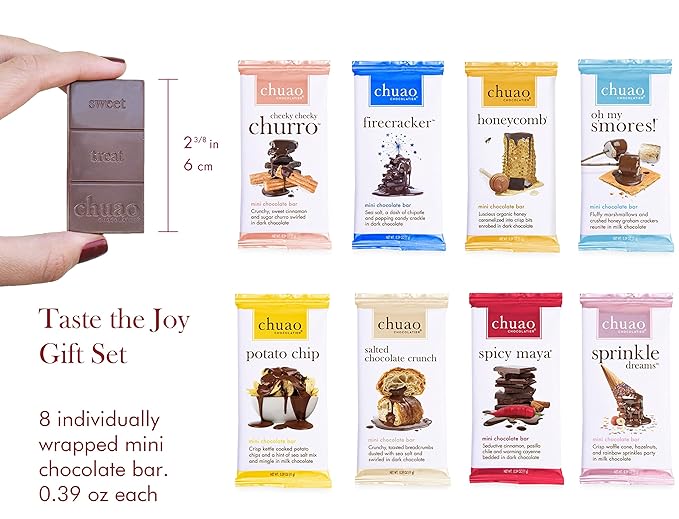 Chuao Chocolatier Taste the Joy Assorted Mini Gourmet Chocolate Bars Gift Box | Milk and Dark Chocolate Flavor Variety Sampler For Birthday, Mother’s and Father’s Day, Thank you, Corporate Gift Baskets | 8 Bars