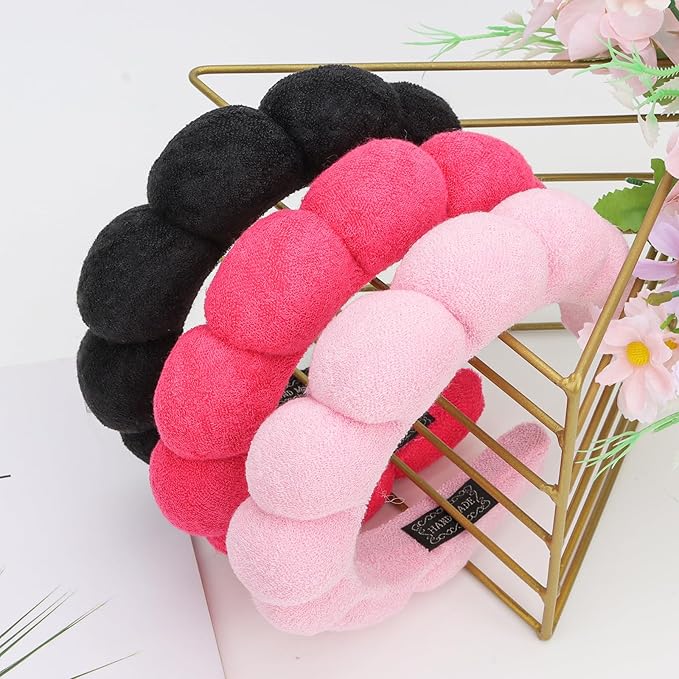 WHAVEL 3 Pack Spa Headband Skincare Headbands, Makeup Headband Sponge Terry Cloth Headbands Face Wash Headband Puffy Hair Band for Washing Face Women Girls (Pink, Hot pink, Black)