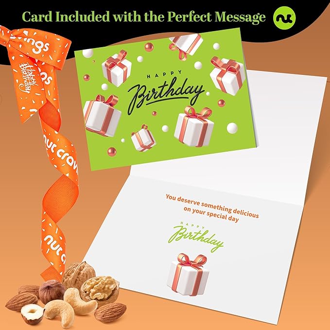 NUT CRAVINGS Gourmet Collection - Happy Birthday Treats, Nuts Gift Basket with Bday Ribbon in Reusable Wooden Tray (12 Assortments) Food Arrangement, Healthy Snack Care Package, Food Assortments