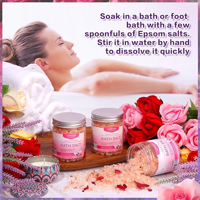 3 Pack Kit Bath Salts for Soaking Himalayan Pink Salt Rose Pink Scent Epsom Salt Bubble Bath for Women Christmas Gift with Dead Sea Salt Moisturizing Skin Tea Tree Oil Natural Soaking spa