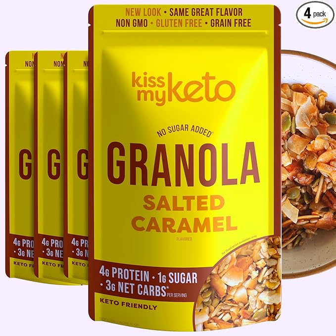 Kiss My Keto Sugar Free Granola, Salted Caramel 4-Pack – Curb Cravings with Few Net Carbs – Allulose Sweetened, Resealable & Gluten-Free Crunchy Clusters – Grain Free Granola Great With Yogurt or Milk